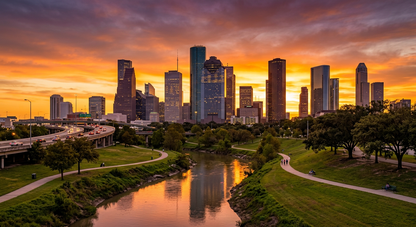 Houston city skyline with river and park at sunset